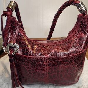 Brighton Wine Red Croc Embossed Soft Leather Braided Strap Hobo Shoulder Bag
